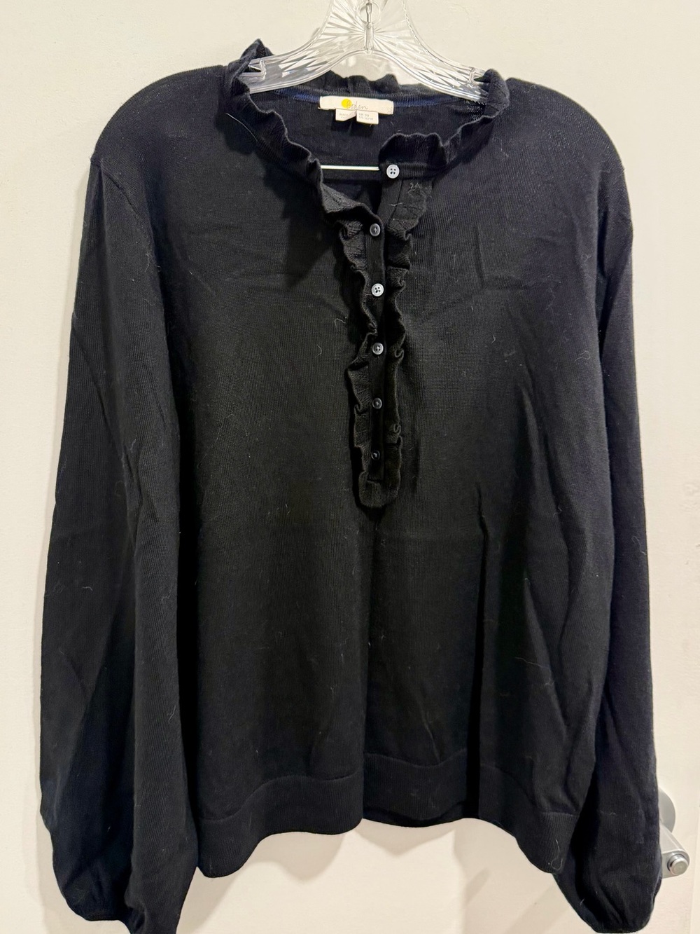 Boden Black Ruffled merino wool Henley Sweater